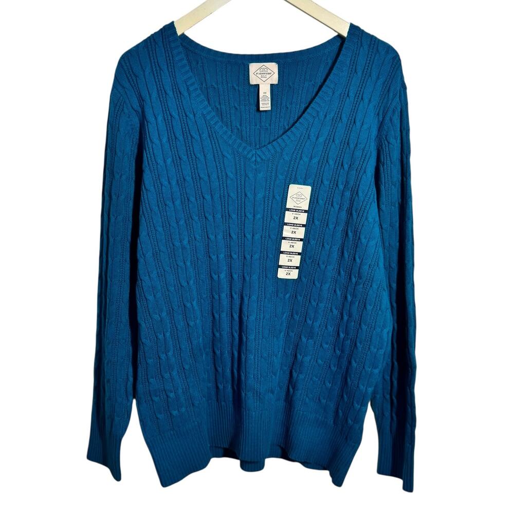 St. Johns Bay Sweater Women 2X Blue Ocean Depths Plus Size NWT Cotton Preppy Top